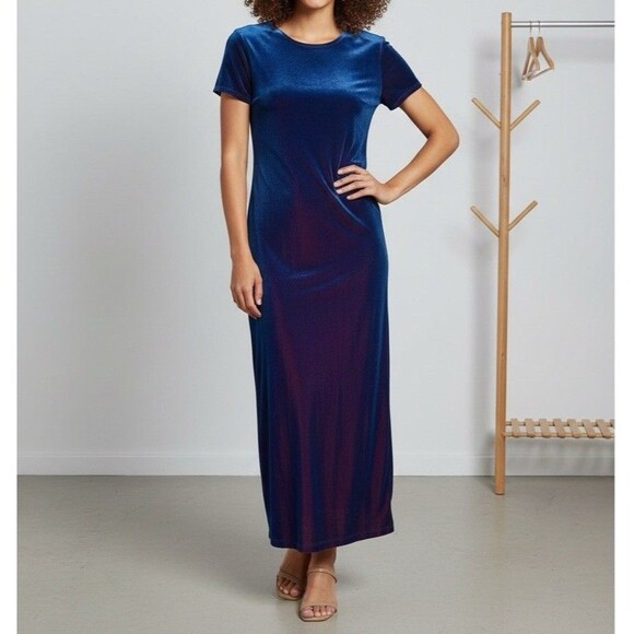 Vintage Molly Malloy Blue Cross Velvet Dress Size 6 Pink Iridescent Short Sleeve - Picture 1 of 12